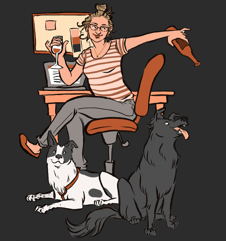 woman sitting in chair with two dogs and wine